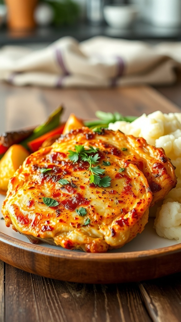 Crispy air fryer pork chop garnished with herbs, served with roasted vegetables and mashed potatoes.
